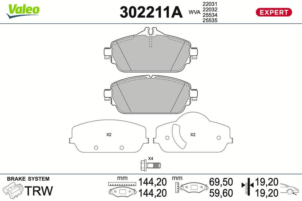 Jogo de 4 pastilhas de travão VALEO ref. 302211A